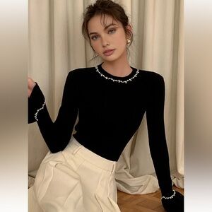 COMMENSE Elegant Black Women's Beaded Decor Ruffle Knit Top -Size-XS